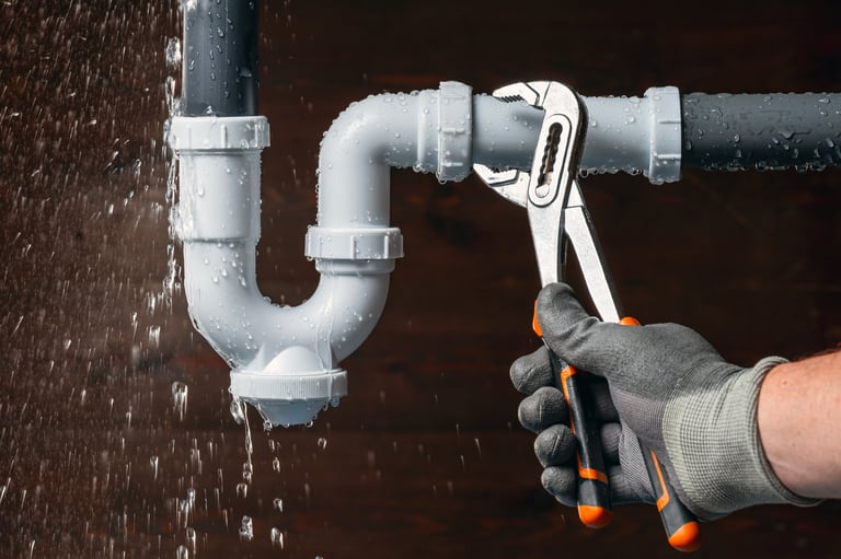 Plumber repairing a leaking pipe under a sink