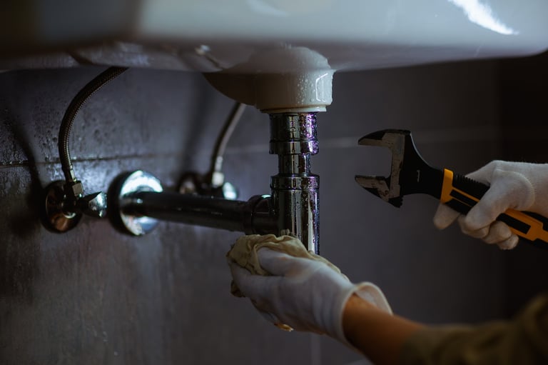 Plumber repairing pipes under a sink